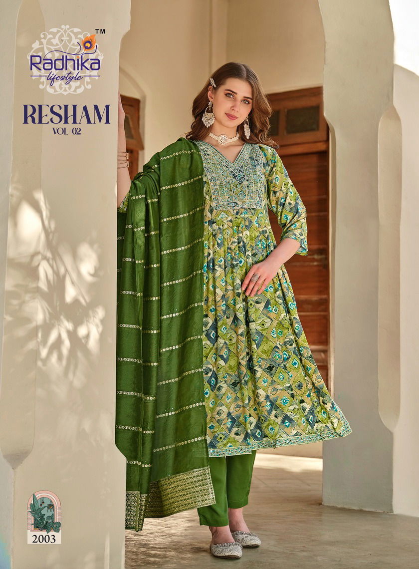 Resham Vol 2 By Radhika Naira Cut Printed Embroidery Kurti With Bottom Dupatta Wholesale Online